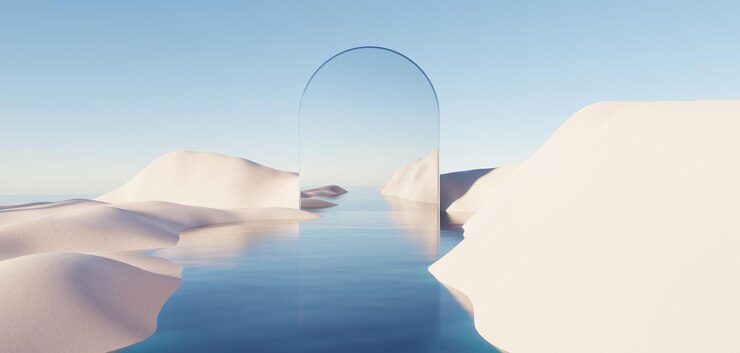 Abstract Dune scogliera di sabbia con archi metallici e cielo blu pulito Surreale minimo Deserto paesaggio naturale sfondo Scena del deserto con archi metallici lucidi disegno geometrico 3D Render