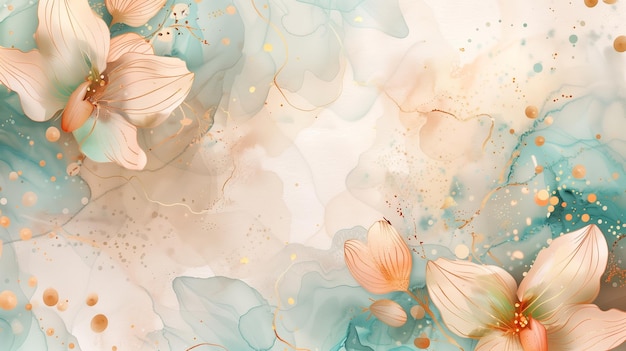 Abstract floreale onirico con fiori pastello e macchie di teal