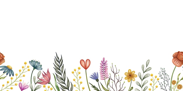 Abstract flowers seamless horizontal border Watercolor background with hand drawn illustration isol