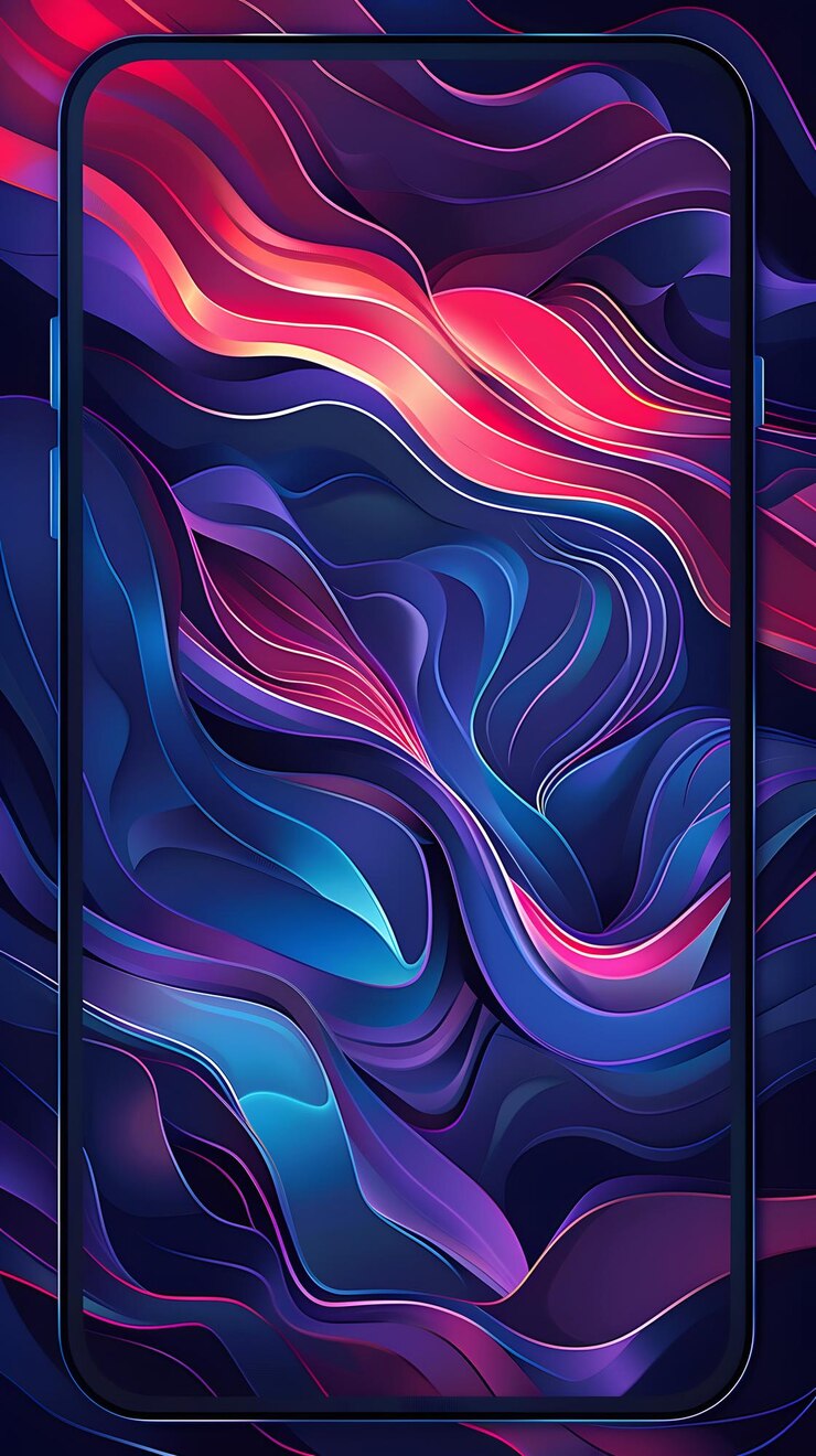 Abstract flowing waves of vibrant colors in shades of pink purple and blue creating a dynamic and fluid mobile wallpaper background