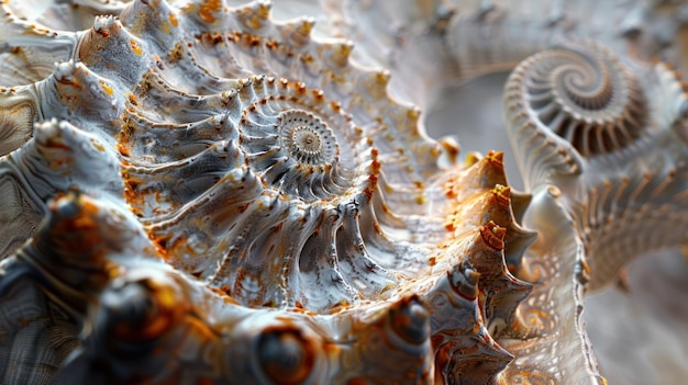 Abstract Fractal Shell Patterns CloseUp Vista ravvicinata di intricati modelli frattali che assomigliano a spirali di conchiglie con una struttura complessa e dettagliata