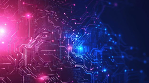 Abstract futuristico hitech tecnologia di circuito digitale su sfondo neon rosa blu AI generato
