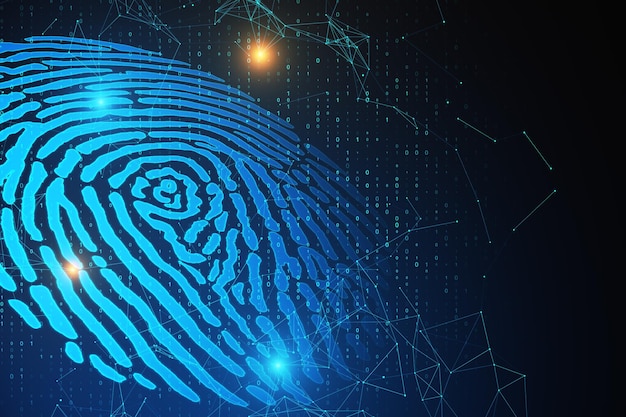 abstract glowing blue fingerprint on dark background biometrics and id concept 3d rendering