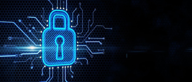 abstract glowing blue padlock circuit hologram on dark background with mock up place internet information and safety concept 3d rendering
