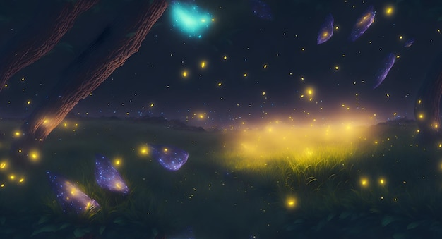 Abstract glowing wallpaper Magical firefly field at night Lightning bugs in an enchanted background