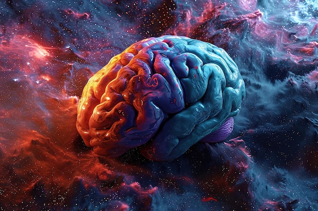 Abstract illustrazione luminosa di un cervello umano tra nuvole e stelle nello spazio