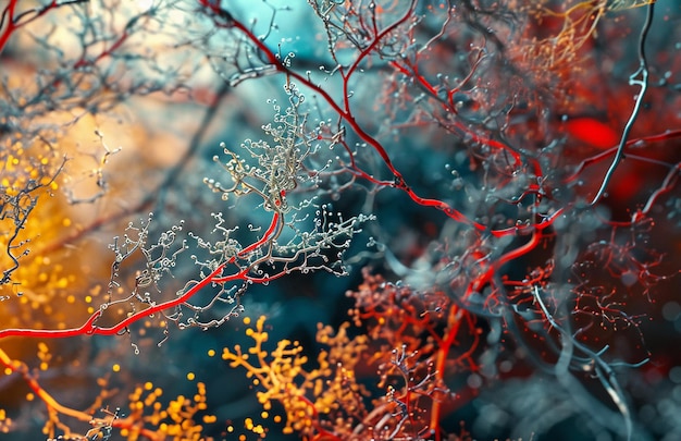 Abstract Immagine di rami colorati mondi mappati in modo intricato azzurro scuro e rosso