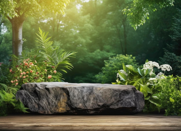Abstract Immagine di un giardino con una grande roccia tra piante e fiori generata dall'IA