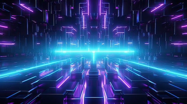 Abstract ispirato alla fantascienza con luci al neon ciano viola blu su uno sfondo nero Cyberpunk Concept