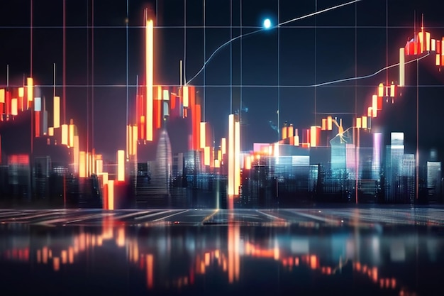 Abstract luminoso big data forex candlestick grafico su sfondo sfocato città Commercio