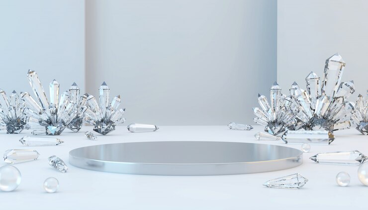 Abstract Luxury metal stage  with caustic crystal and glass ball, template for advertising product, 3d rendering.