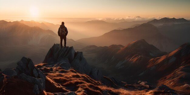 Abstract Male Hiker si trova in cima a una difficile salita in montagna per essere accolto con una splendida vista dell'alba Generativo ai Stile di fotografia pubblicitaria