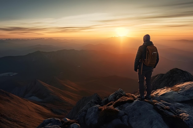 Abstract Male Hiker si trova in cima a una difficile salita in montagna per essere accolto con una splendida vista dell'alba Generativo ai Stile di fotografia pubblicitaria