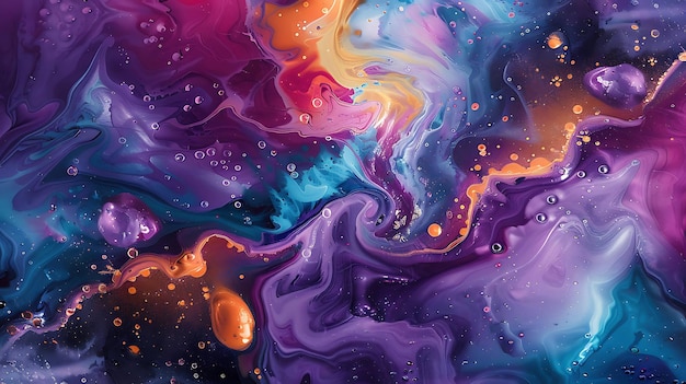 Abstract marbled background with swirls of vibrant purple blue and orange paint creating a mesmerizing ethereal effect