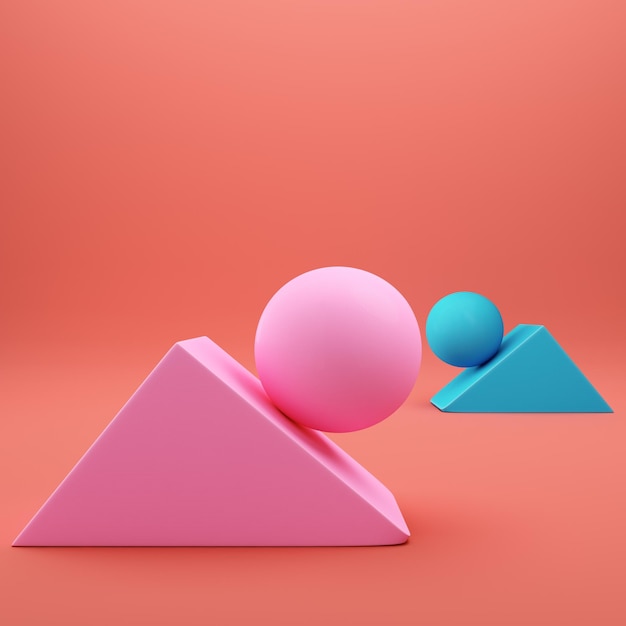 abstract minimal scene geometric bolded shapes triangles with spheres on bright red background
