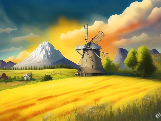 Abstract Mulino a vento e Montagna Rocciosa con campi di riso dorati e concetto di cielo nuvoloso colorato