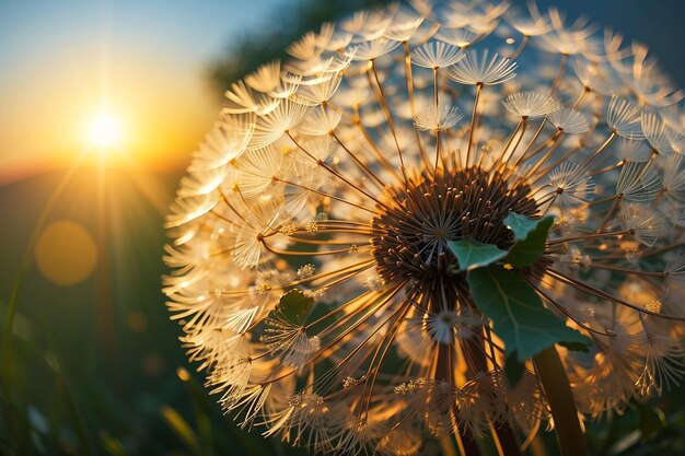 Abstract natural dandelion background close-up sullo sfondo del sole che tramonta macro