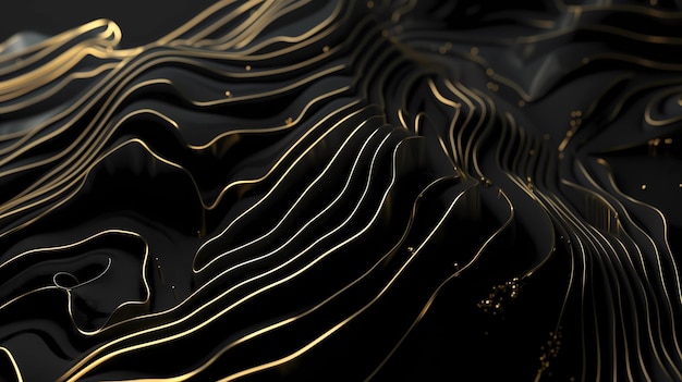 Abstract nero e oro Rilievo topografico realistico 3D testurato con strati ondulati