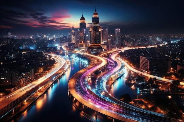 Abstract night cityscape background Smart city ai e concetto di trasformazione digitale Generative AI
