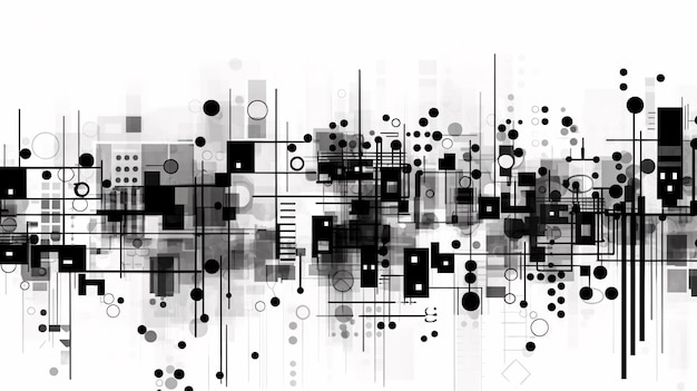 Abstract Paesaggio cittadino in bianco e nero con cerchi e quadrati potenziati dall'IA generativa