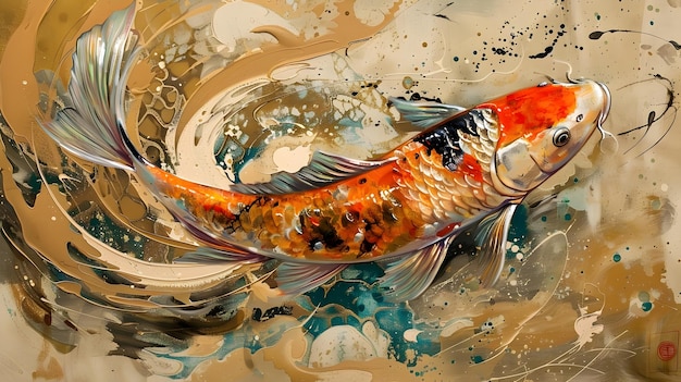 Abstract Pittura di pesci Koi in oro e bronzo