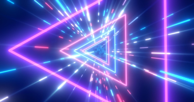 Abstract purple energy futuristic hitech tunnel of flying triangles and lines neon magic