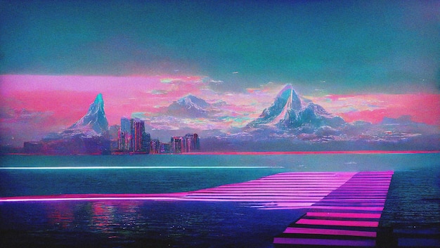 Abstract Retro futuristico scifi synthwave paesaggio nello spazio con stelle Vaporwave stilizzato illustrazione 3D per la musica EDM Ai render