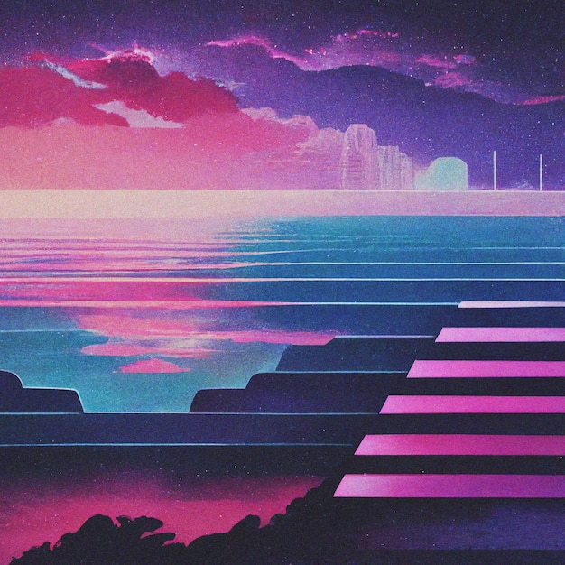 Abstract Retro futuristico scifi synthwave paesaggio nello spazio con stelle Vaporwave stilizzato illustrazione 3D per la musica EDM Ai render