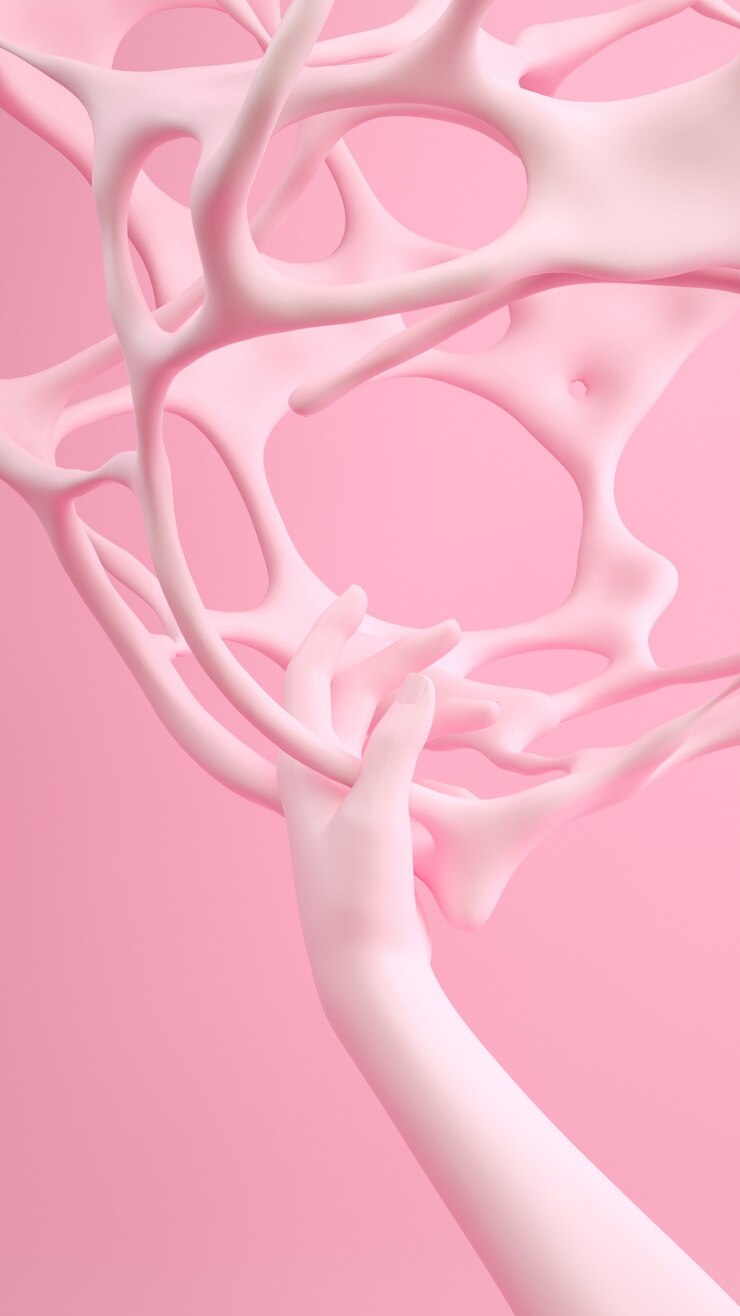 Abstract rosa pastello 3d scena di rendering con gesto della mano con forme astratte Tie banner verticale