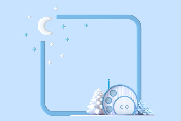 Abstract round cartoon concept minuscola casa in colori pastello su un insieme di piante sullo sfondo del bordo della cornice quadrata con un'immagine stilizzata della luna e delle stelle. 3D illustrazione