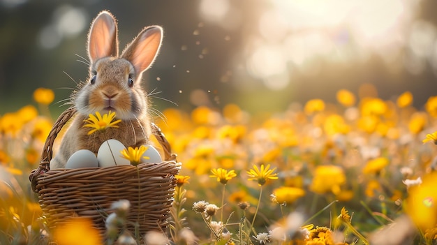Abstract Scena di Pasqua sfocata orecchie coniglietto dietro l'erba e uova decorate in un campo fiorito