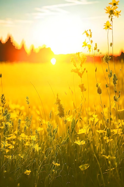 Abstract soft focus tramonto campo paesaggio di fiori gialli