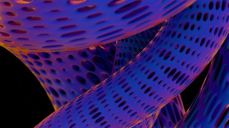 Abstract twisting perforated structure with blue and purple tones
