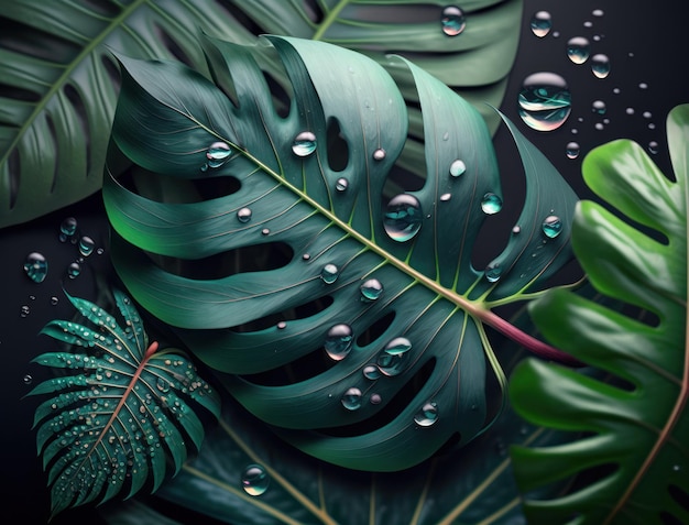 Abstract verde Banana tropicale e Monstera Foglie sfondo creato con la tecnologia Generative AI