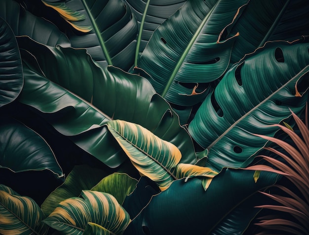 Abstract verde Banana tropicale e Monstera Foglie sfondo creato con la tecnologia Generative AI