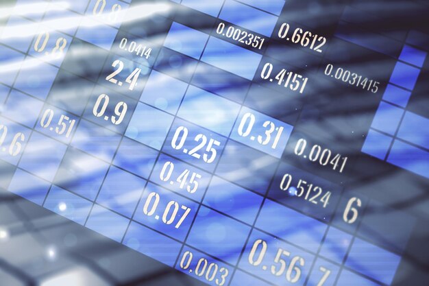 abstract virtual analytics data spreadsheet on abstract metal background analytics and analysis concept multiexposure