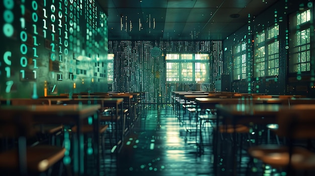 Abstract virtual binary code sketch on empty classroom background hacking and matrix Generative AI