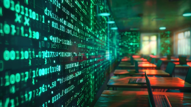Abstract virtual binary code sketch on empty classroom background hacking and matrix Generative AI