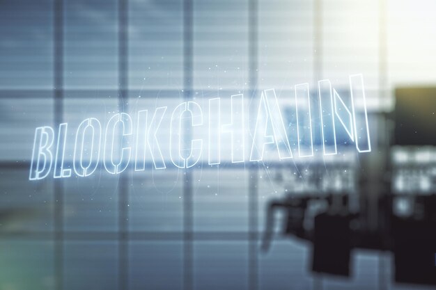 Abstract virtual blockchain technology hologram on a modern conference room background Digital money transfers and decentralization concept Multiexposure
