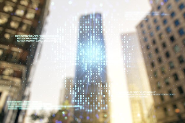 abstract virtual code skull hologram on modern architecture background cybercrime and hacking concept multiexposure