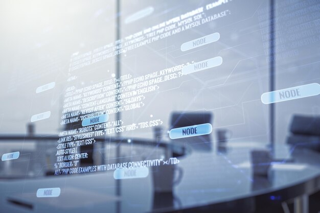 Abstract virtual coding concept on a modern conference room background Multiexposure
