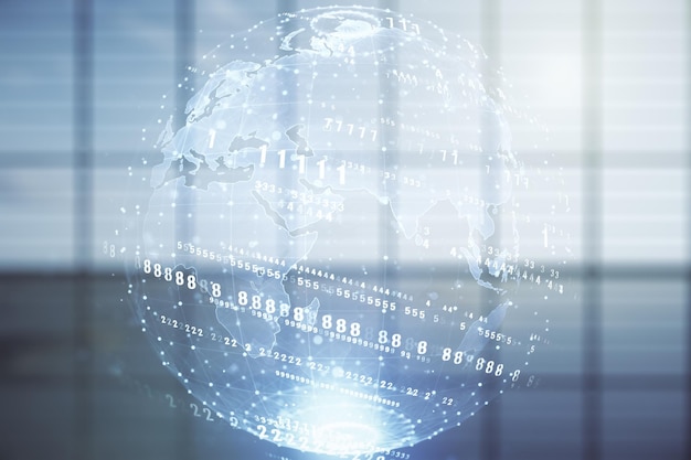 Abstract virtual coding illustration and world map on modern interior background international software development concept Multiexposure