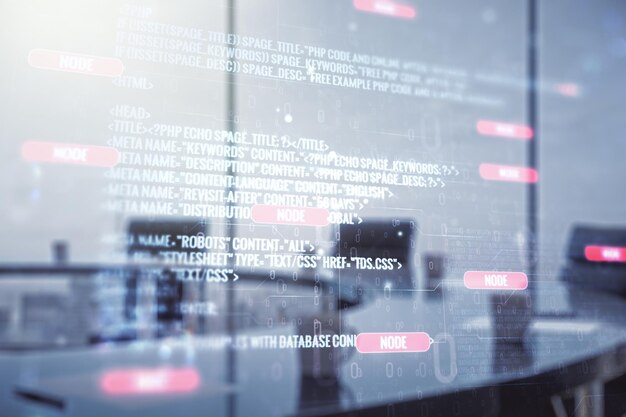 Abstract virtual coding illustration on a modern coworking room background software development concept Multiexposure