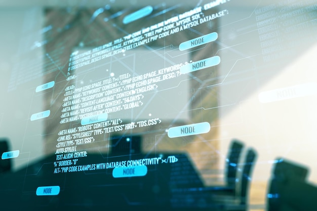 Abstract virtual coding illustration on a modern coworking room background software development concept Multiexposure