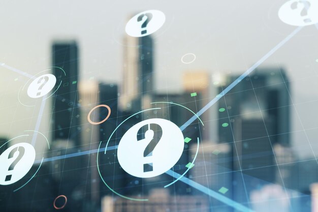 Abstract virtual question mark sketch on blurry office buildings background FAQ and research concept Double exposure