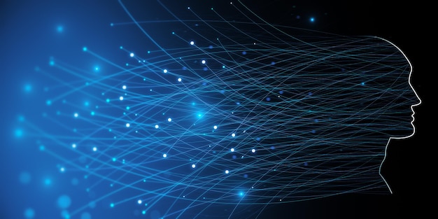 abstract wide digital head outline with glowing lines and blurry bokeh circles on blue background technology future ai and machine learning concept 3d rendering