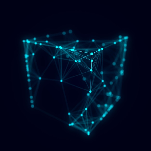 Abstract wireframe cube whith connection dots and lines Digital blockchain concept and data transfer system Storage cells of datas 3d rendering