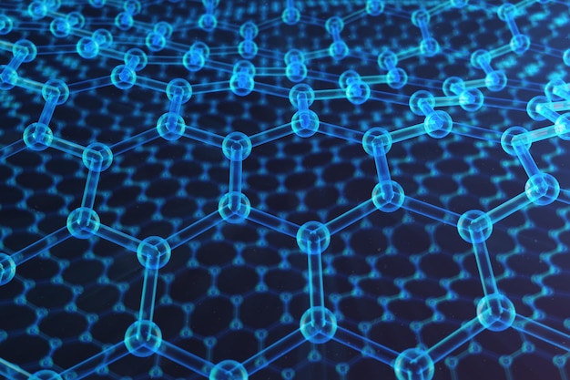 Abstrak nanoteknologi bentuk geometris heksagonal close-up, konsep struktur atom graphene, konsep struktur molekul graphene. Konsep ilmiah, Ilustrasi 3D