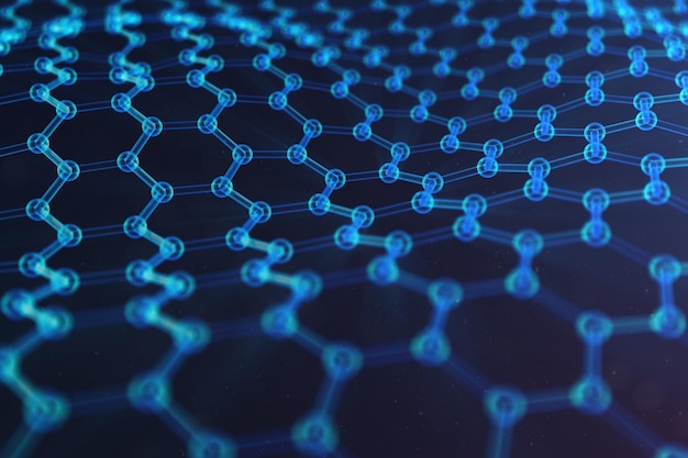 Abstrak nanoteknologi bentuk geometris heksagonal close-up, konsep struktur atom graphene, konsep struktur molekul graphene. Konsep ilmiah, Ilustrasi 3D