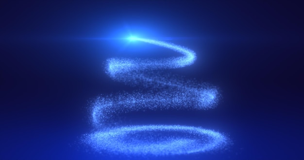 Abstrazione blu brillante linea volante di punti e particelle luminose di spirali luminose magiche energetiche